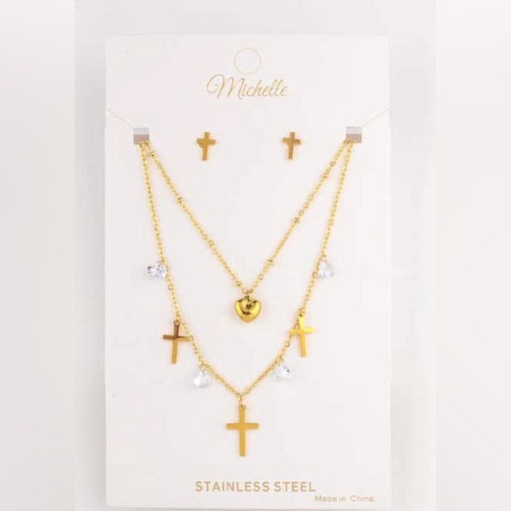 Gold Cross Necklace and Earring Set